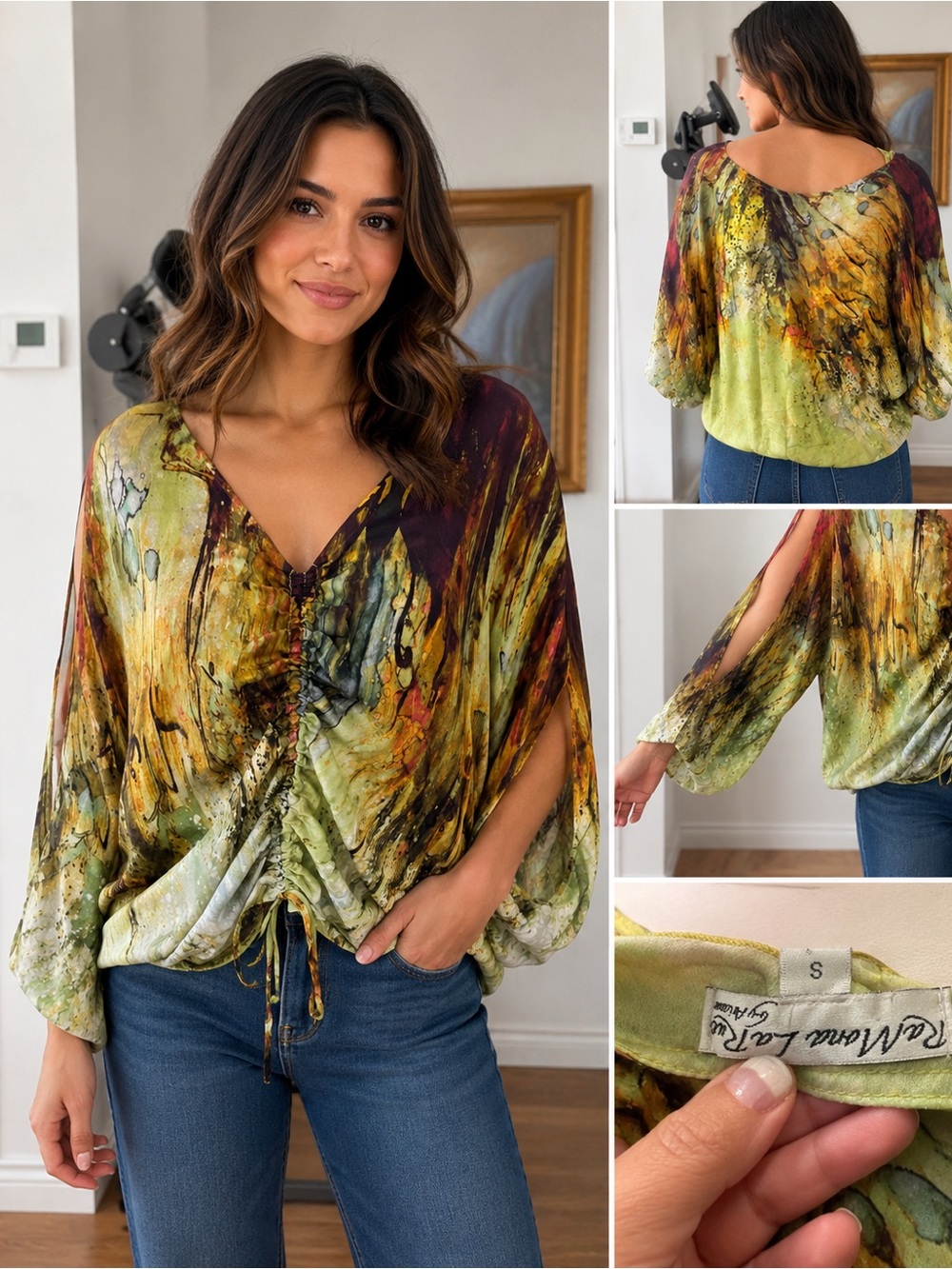 Robert Graham 100% Silk Abstract Print Ruched Blouse Size S - oversized